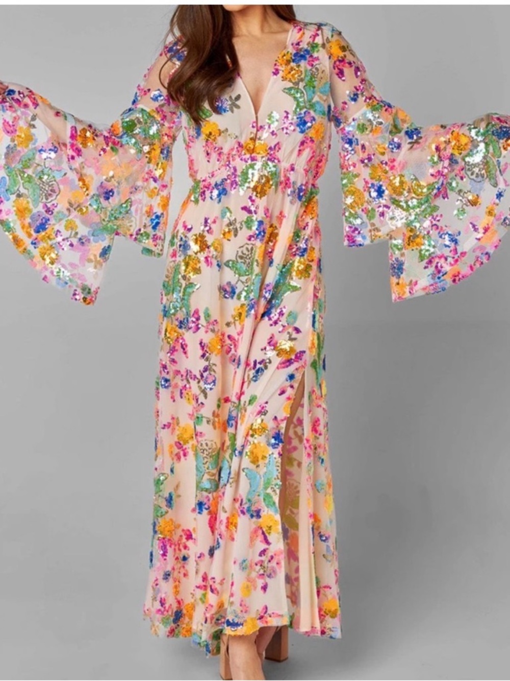 Buddy Love Floral Sequin Maxi Dress in Blush with Multicolor Embroidery